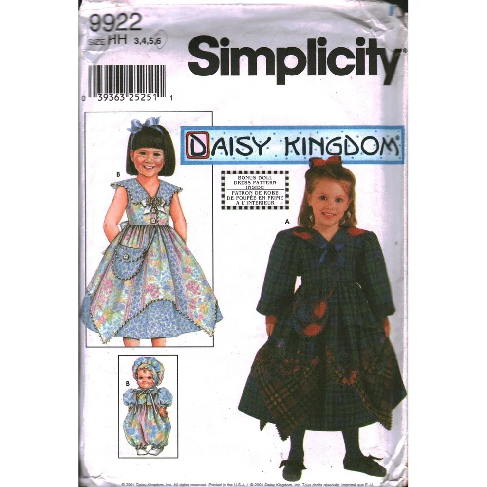 Simplicity 9922 Daisy Kingdom Girls Dress Doll Clothes Sewing Pattern Size 3-6